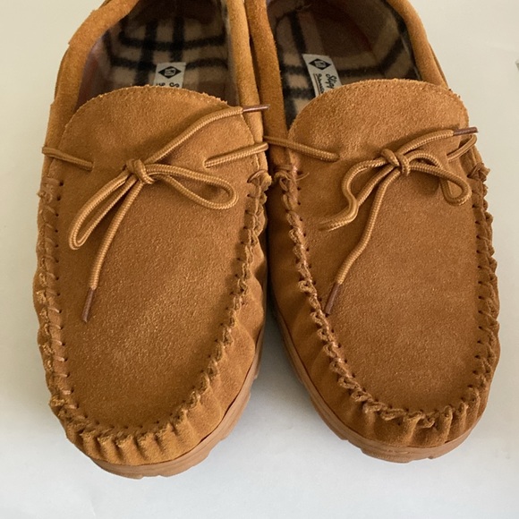 Men's Tan Moccasin Slippers Loafers Sz 14 like new International leather suede - Picture 4 of 8